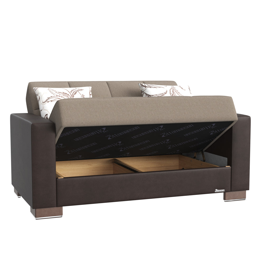 PrimeNest ZenAero Collection Upholstered Convertible Loveseat with Storage, Beige/Brown-PU Chenille