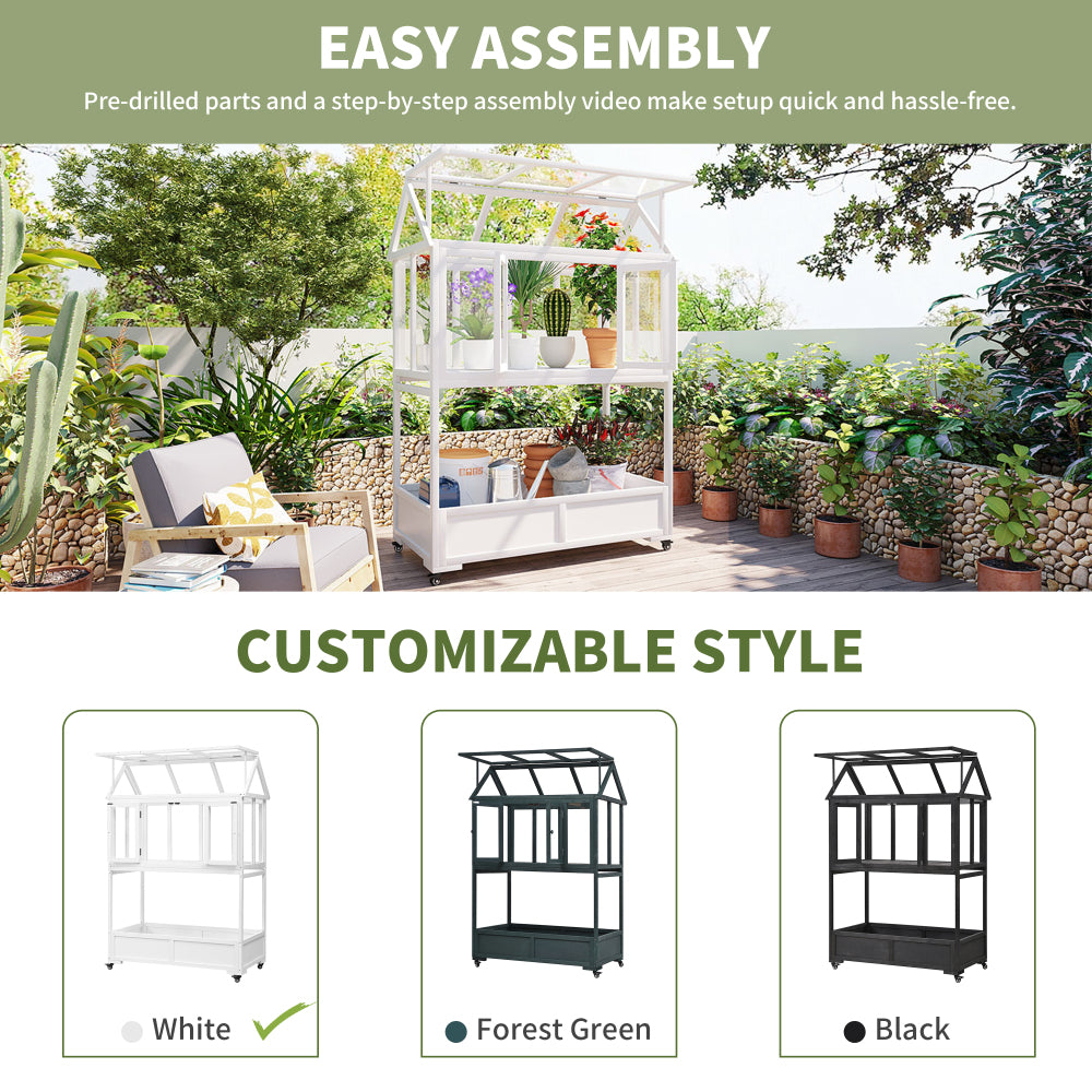 [Assembly Video Available] TOPMAX Garden Wood Portable Cold Frame with Movable Wheels Mini Greenhouse with Openable Roof and Storage Box, White