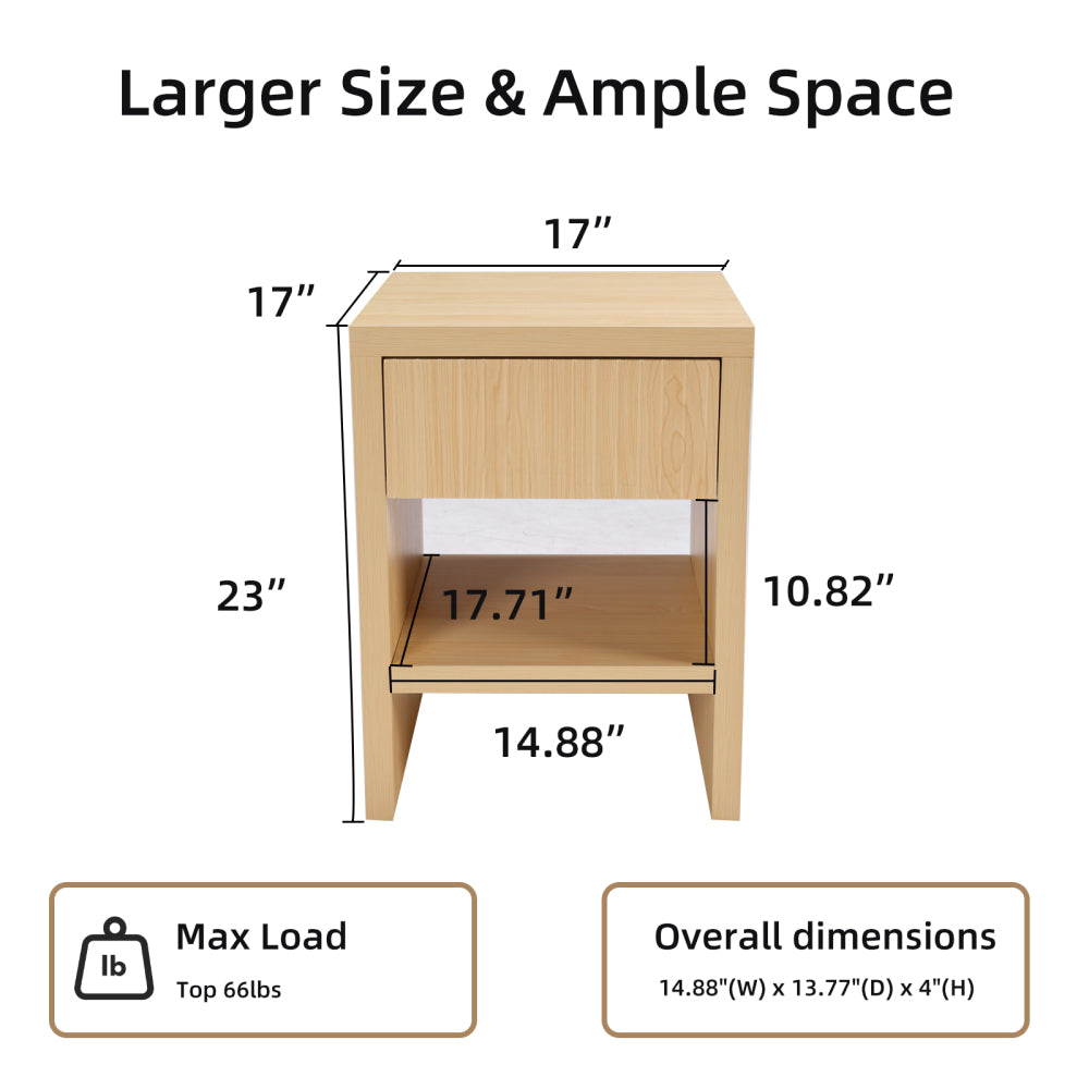 Night Stand with Drawer Storage Fluted Bed Side Table End Table Large Modern Wide Bedside Stand Mid Century Night Stands for Bedroom Living Room Sofa Office, Natural Wood