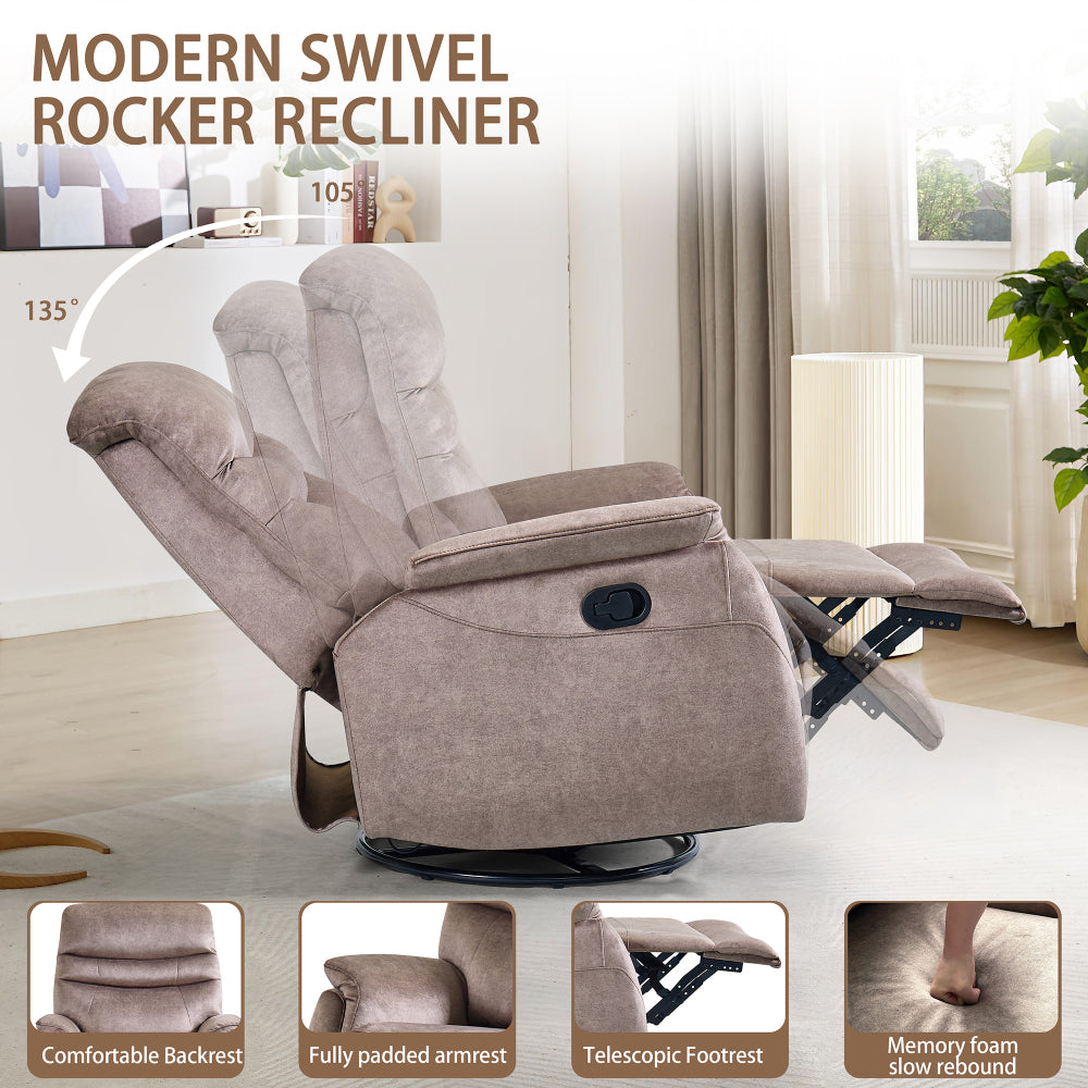 Rocking Swivel Recliner Chair for Living Room, 360 Degree Swivel, Adjustable Modern Reclining Chair, Classic and Traditional Recliner Sofa with Lumbar Support (Dark Grey)