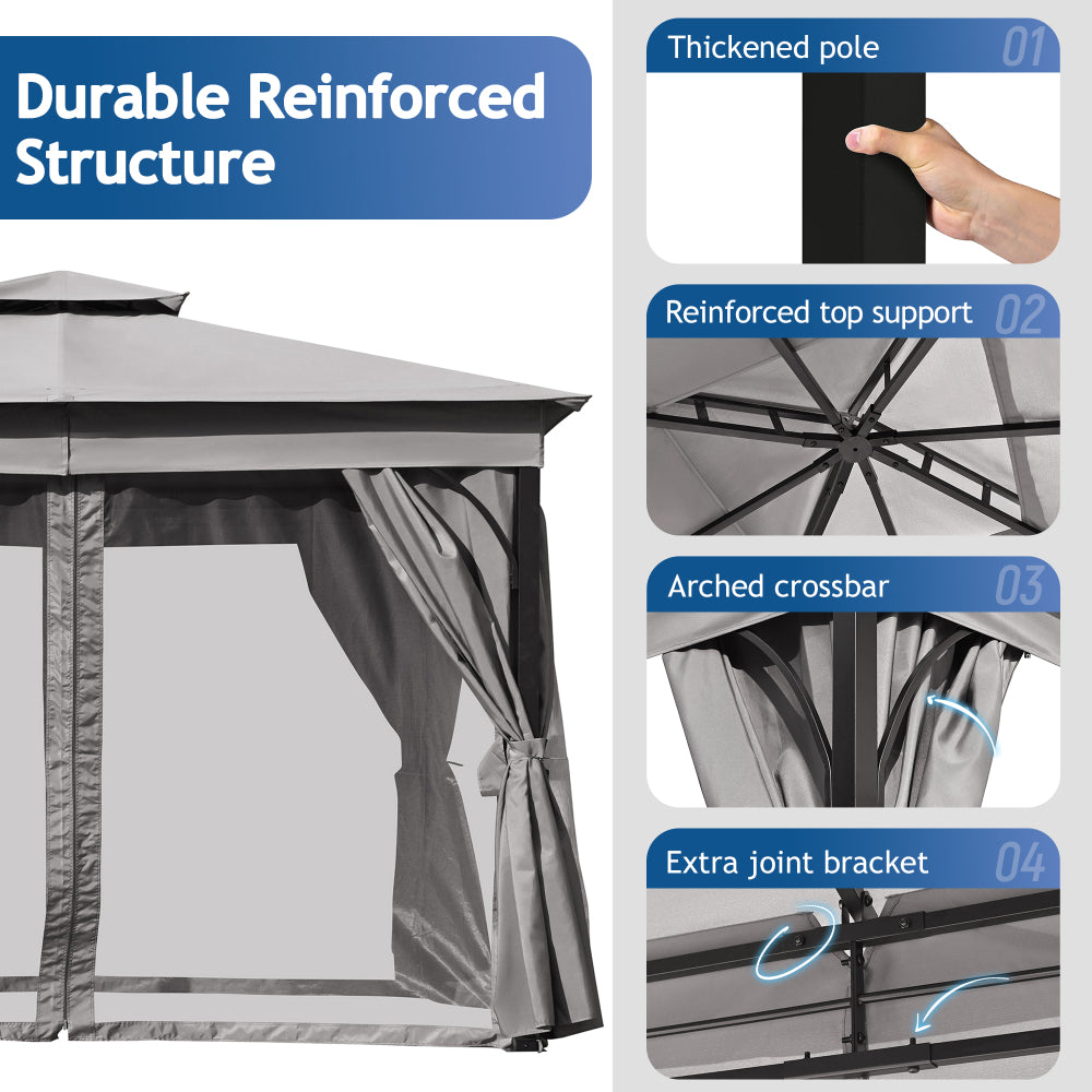TREXM 10x12 Outdoor Gazebo Tent with Double Roofs, Patio Gazebo with Mosquito Netting and Privacy Screens, Patio Canopy for Shade and Rain for Backyard, Garden, Lawn and Deck (Grey)