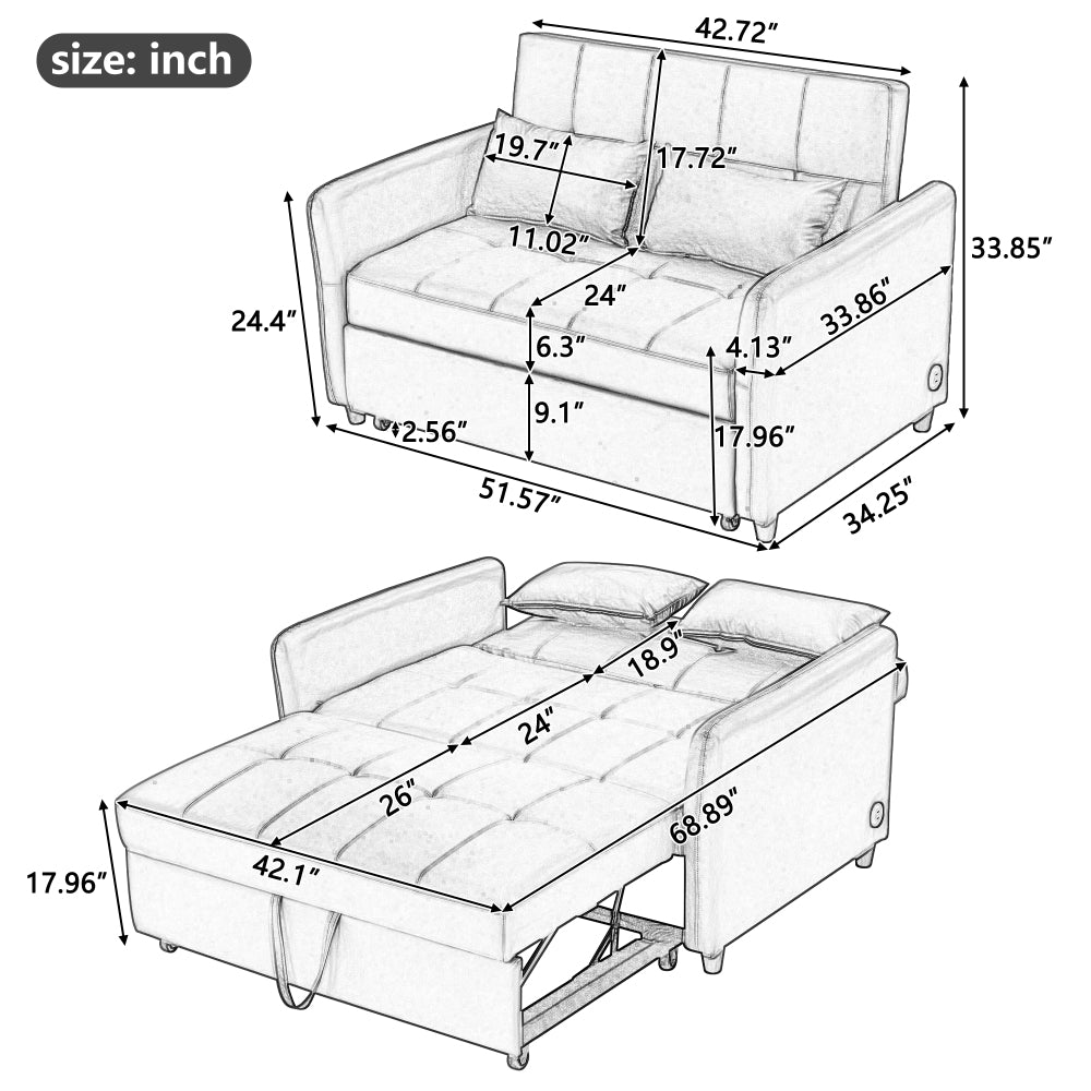 Orisfur. 51.57" Convertible Sleeper Bed, Adjustable Oversized Armchair  with Three USB Ports for Small Space(Old SKU:WF283379AAD), Brown