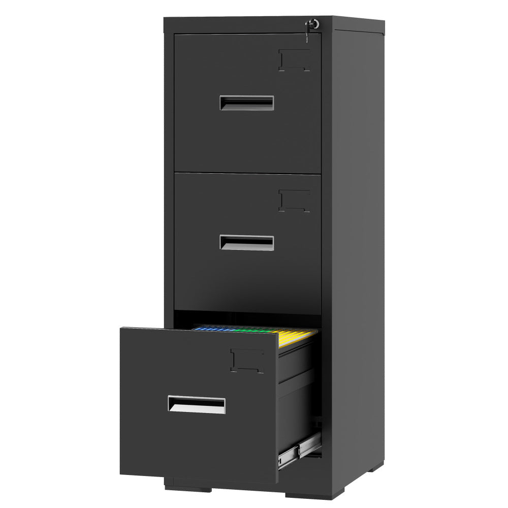 3 Drawer Metal Vertical File Cabinet with Lock and Card Slot Office Home Vertical File Cabinet for A4 Legal/Letter Size Narrow File Cabinet Locked,Assembly Required (Black)