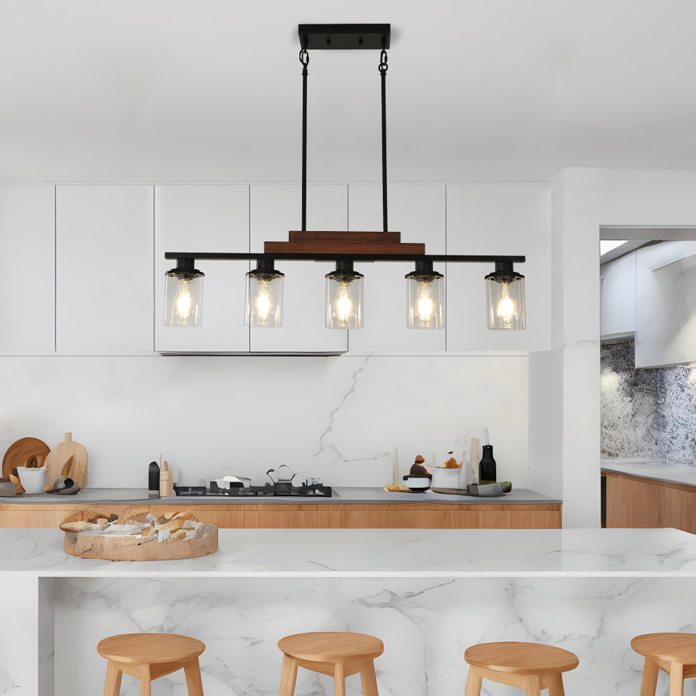 37" Farmhouse Industrial 5-Light Kitchen Island Pendant Light, Metal Wood Chandelier with Clear Glass Shades, Adjustable Height Hanging Fixture for Dining Room, Living Room, Kitchen (No Bulbs)