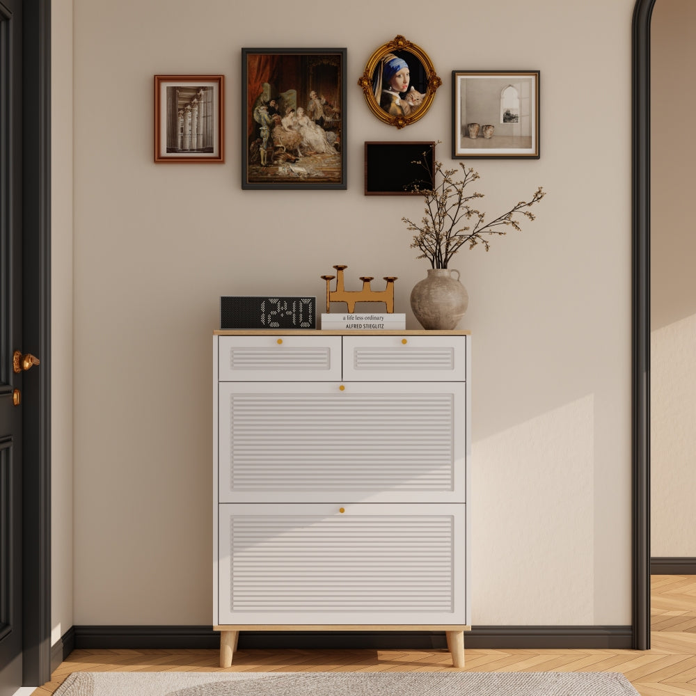 Shoe cabinet with 2 flip-up doors and 2 drawers,narrow shoe rack cabinet,freestanding shoe organizer,shoe organizer for entryway,with natural wood legs(white natural)
