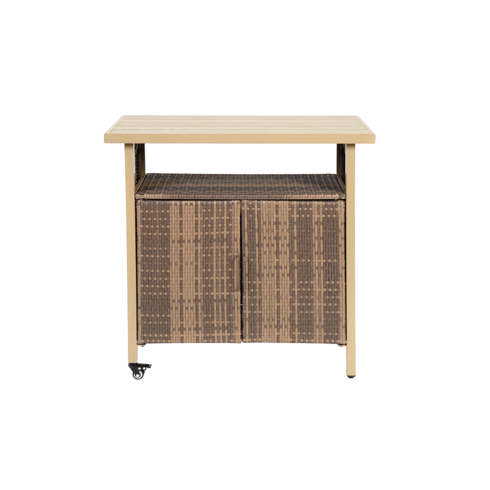Outdoor Wicker Bar Cart, Patio Wine Serving Cart w/Wheels , Rolling Rattan Beverage Bar Counter Table w/Glass Top for Porch Backyard Garden Poolside Party, Light brown