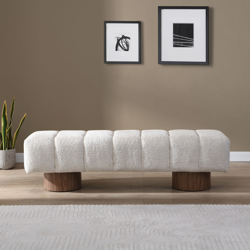 Upholstered Dining Bench for Dining Room, No-Assembly End of Bed Entryway Bench Ottoman for Bedroom Living Room, Beige Faux Fur Fabric Stool Top Wood Leg 300 LBS Weight Capacity