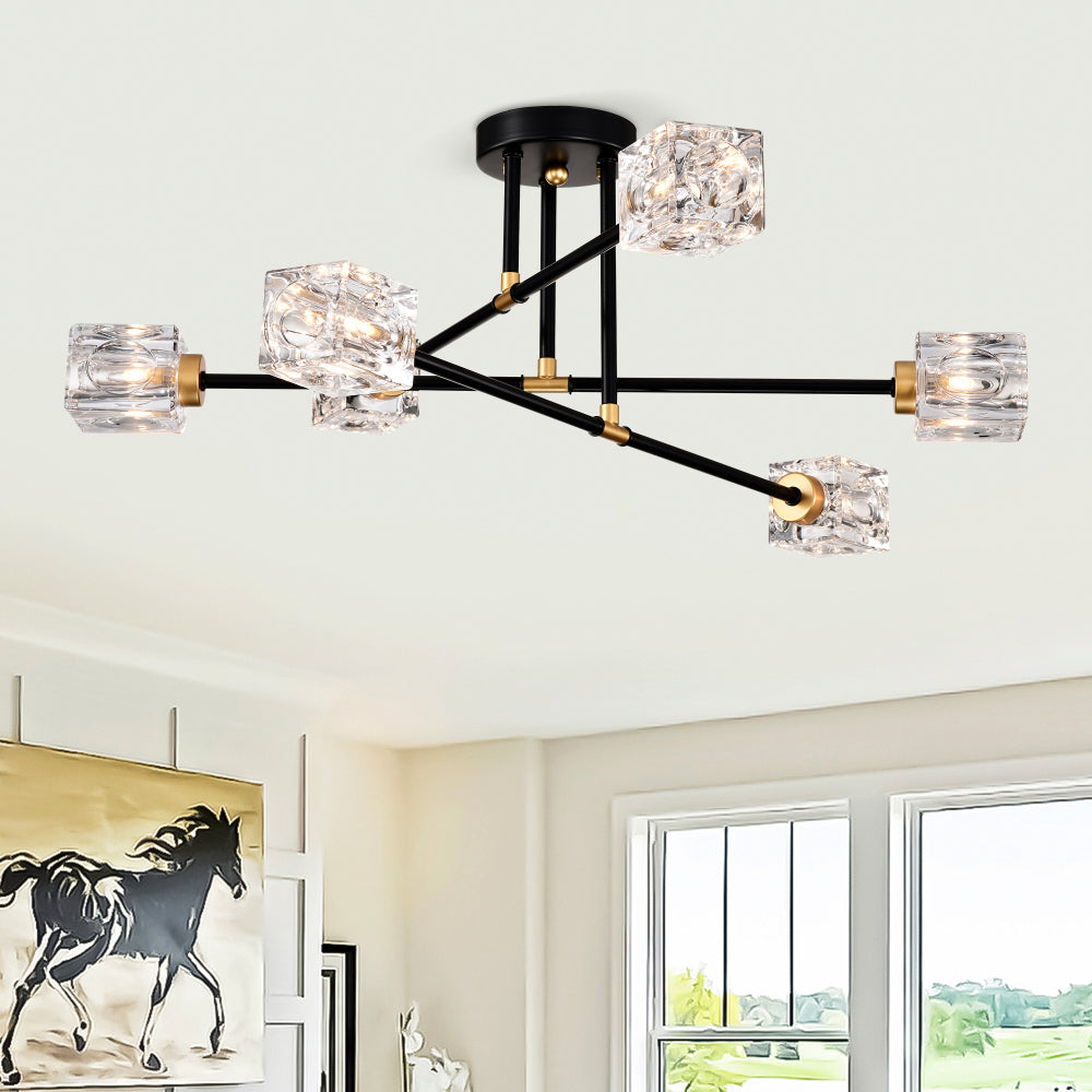 Modern Ceiling Lamp with  Light Fixture (6*G9 Bulbs Included),Modern Semi Flush Mount Light Fixture Crystal Chandelier for Dining Room, Bedroom, Living Room--Matte Black 
+Matte Gold