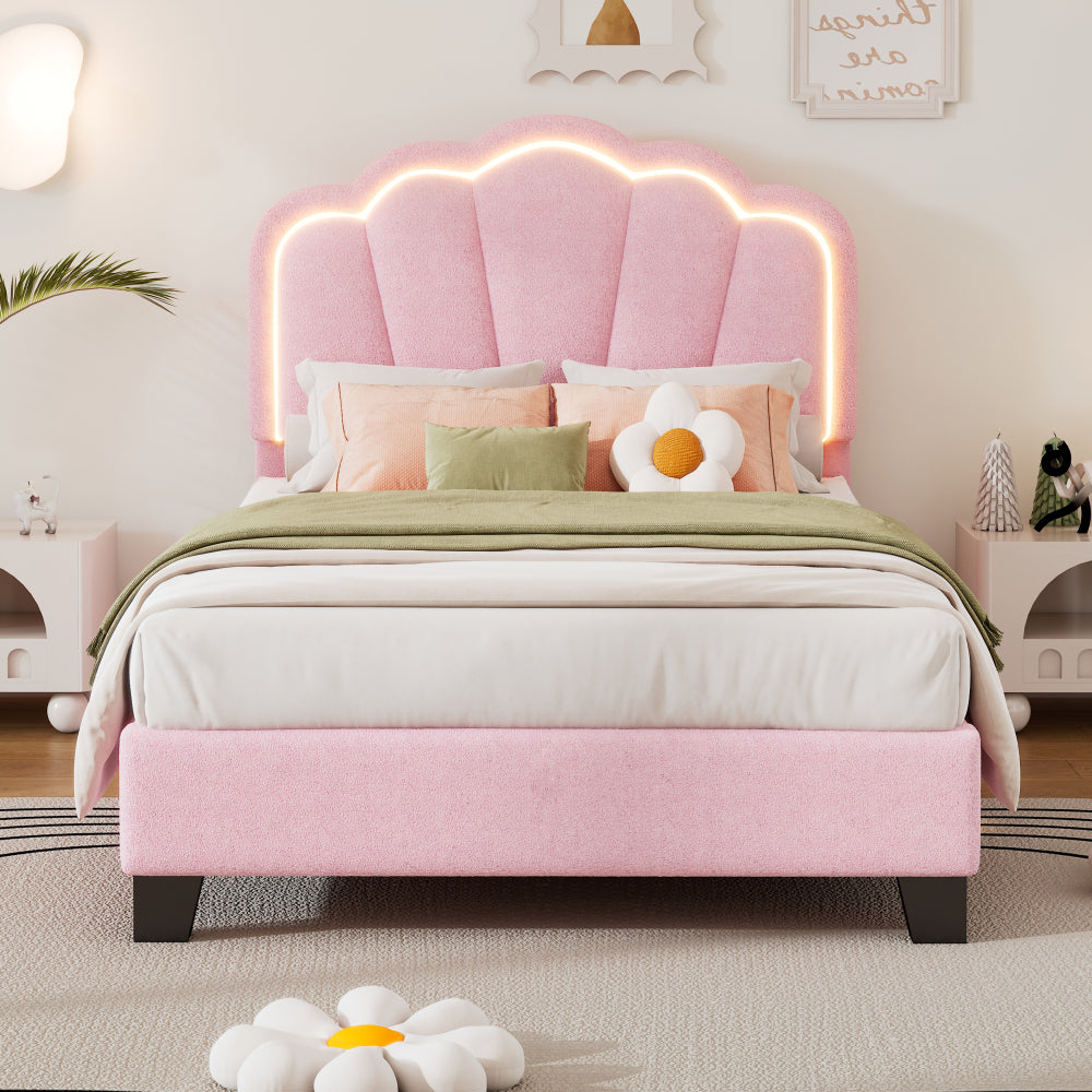 2-Pieces Bedroom Sets Twin Size Flower-Shaped Upholstered LED Platform Bed with Storage Ottoman-Sherpa Fabric, White