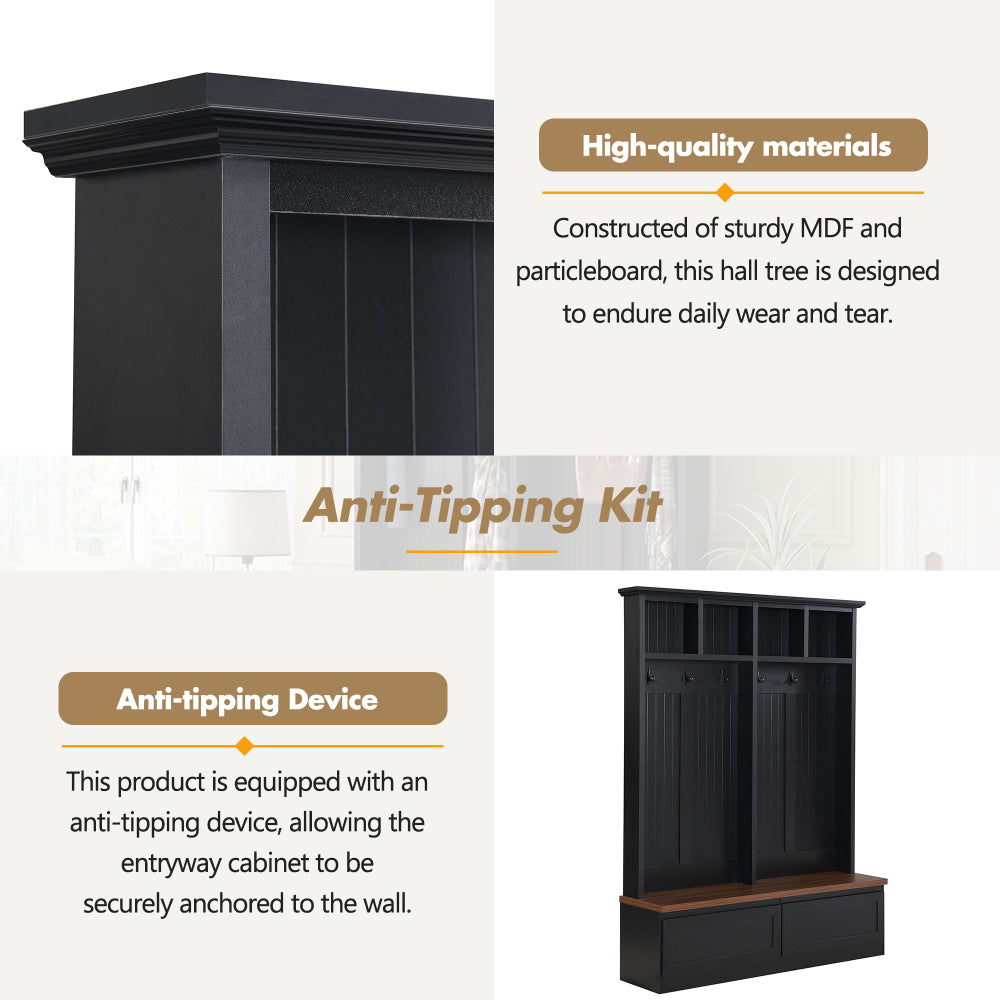 [Assembly Video] Farmhouse  4-in-1 Hall Tree with Wood Grain Bench, Mudroom Versatile Coat Rack with 2 Large Drawer, Large Entrance Organizer with 6 Black Hooks for Hallway, Living Room, Black, 55.9"W