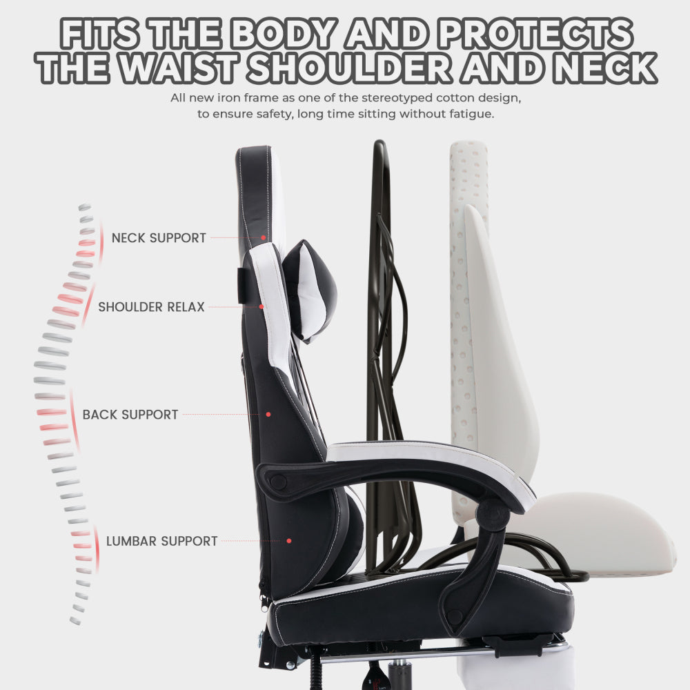 Gaming Chair with Footrest, High Back Gaming Chairs PVC Leather Ergonomic Office Gamer Chair Headrest Lumbar Support Racing Style Video Gaming Chair (Black White)