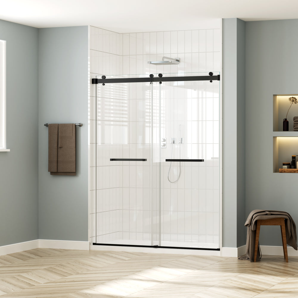 56-60 in. W x 76 in. H Sliding Frameless Soft-Close Shower Door with Premium 3/8 Inch (10mm) Thick Tampered Glass in Matte Black 03A42-6076