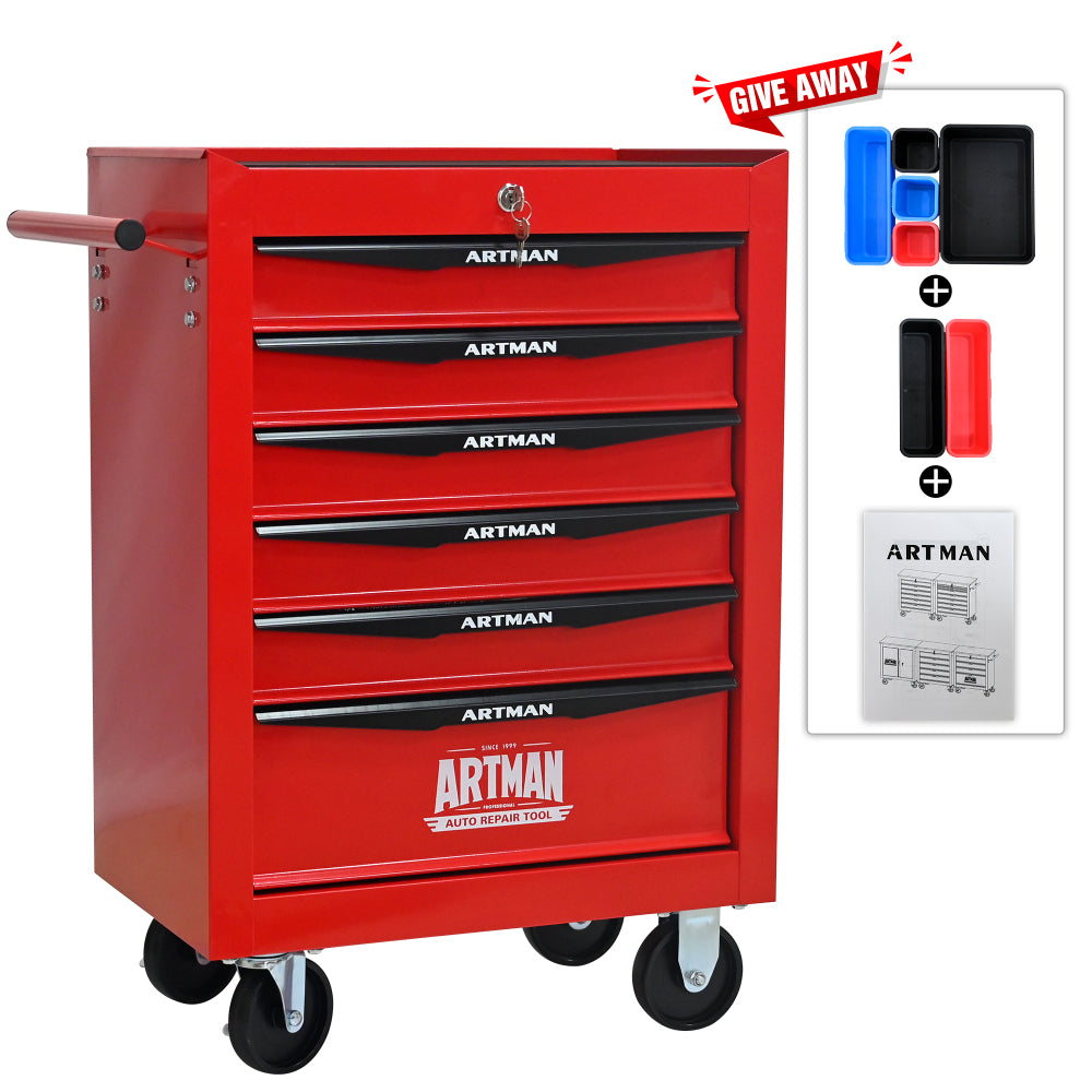 Rolling Metal Tool Chest with 6 Drawers, 20" 6-Drawer Tool Chest Cabinet with Ball Bearing Drawer Slides, Steel Tool Storage Box Organizer -Red&Black