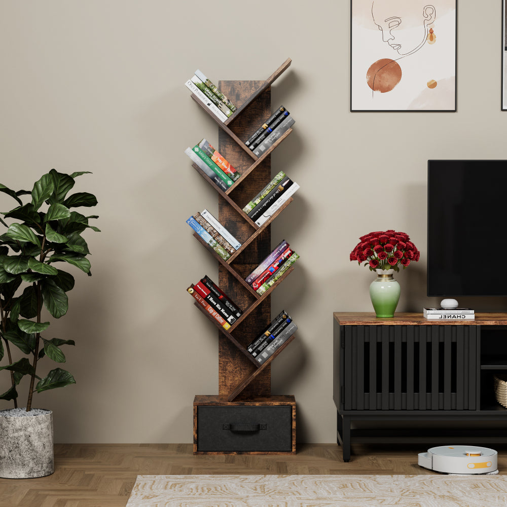 Bookshelf with 2 Drawers, Industrial Freestanding Open Display Shelving, Vintage Open Bookcase, 12 Storage Shelves, Book Case for Bedroom, Living Room, Home Office, Rustic Brown
