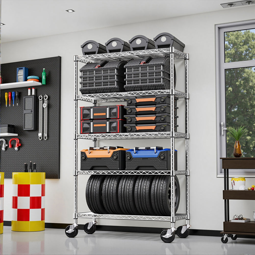 Steel Storage Shelving 6-Tier Utility Shelving Unit with Wheels, Steel Organizer Wire Rack for Home,Kitchen,Office,Garage,17.7" D x 47.2" W x 76.7" H-Chrome
