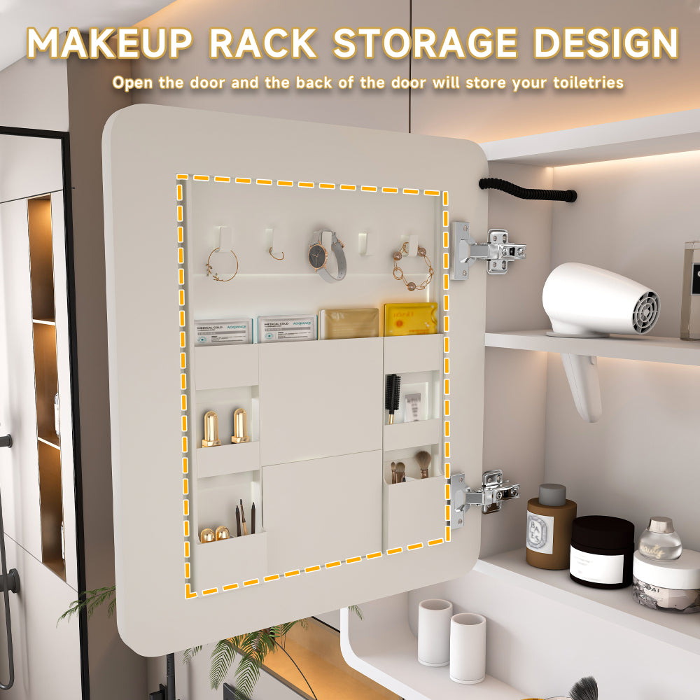 Aluminium Medicine Cabinet Mirror, 35 x 28 Inches Medicine Cabinet with 3 Colors LED Light and Defogging Function, Bathroom Mirror Cabinet with Cosmetic Storage Rack and Hair Dryer Holder, White