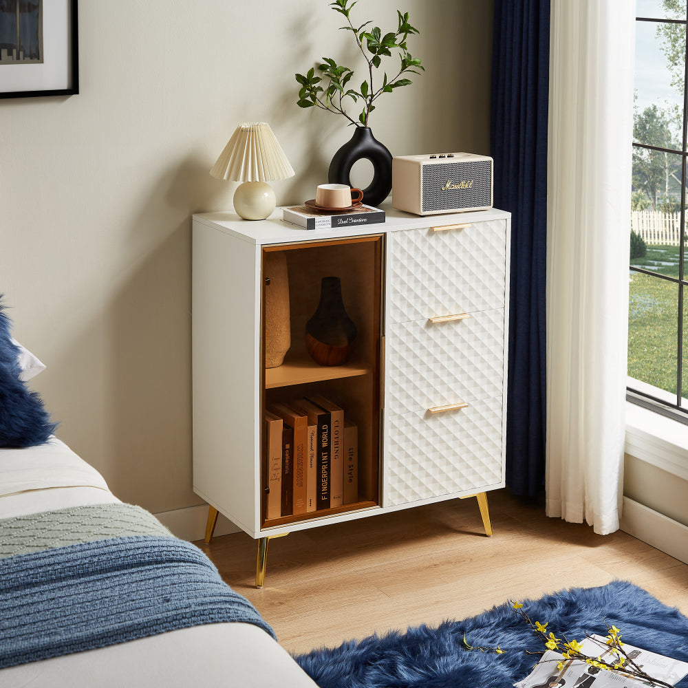 Deluxe Carved Modern Fashion Style Chest of Drawers with Aluminum Alloy Frame Tempered Glass Doors Three Drawer Chest with Metal Legs Adjustable Feet, Dark Blue,31.5"L x 15.7"W x 37.6"H