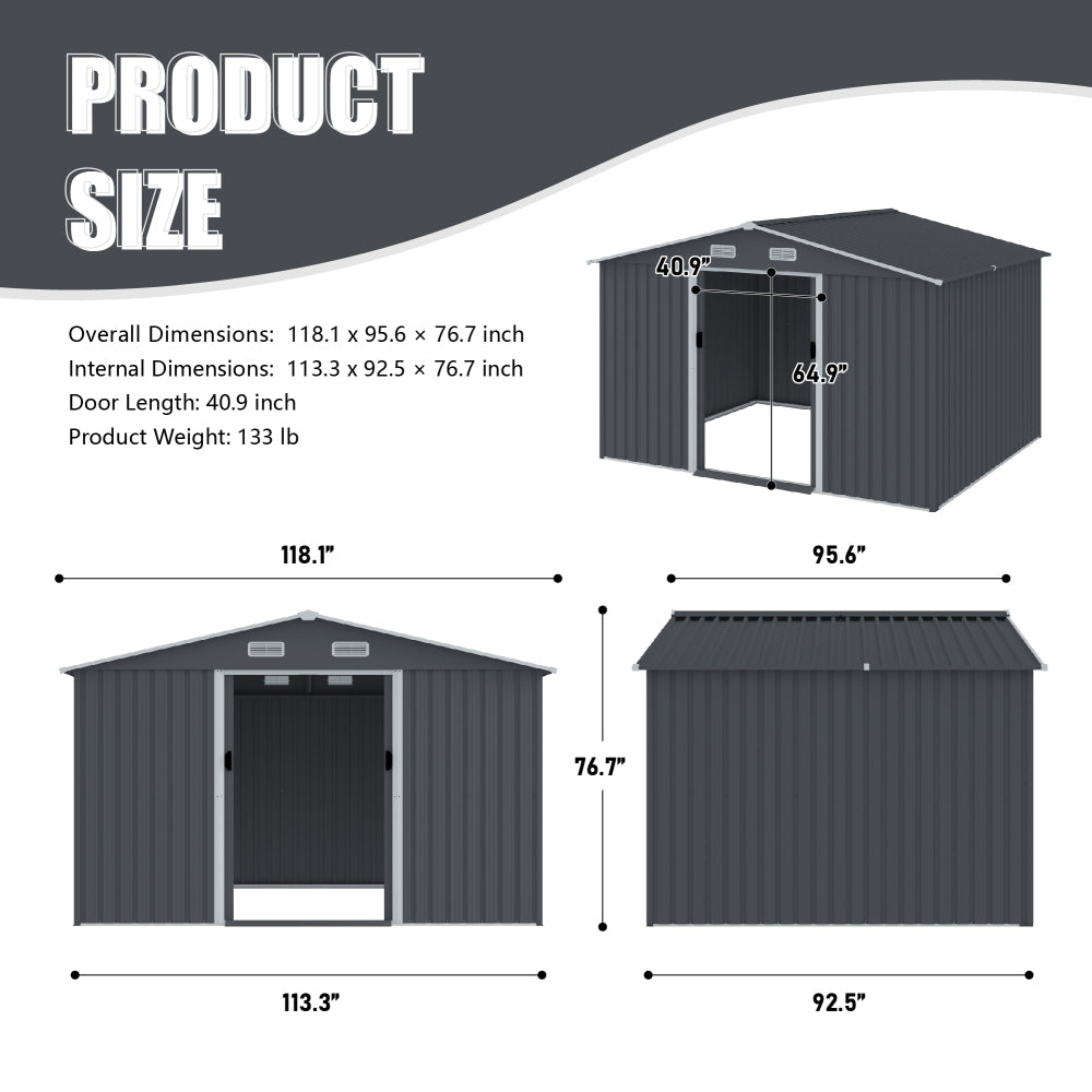 Outdoor Storage Shed 8 x 10 FT Large Metal Tool Sheds, Heavy Duty Storage House with Sliding Doors with Air Vent for Backyard Patio Lawn to Store Bikes, Tools, Lawnmowers Grey