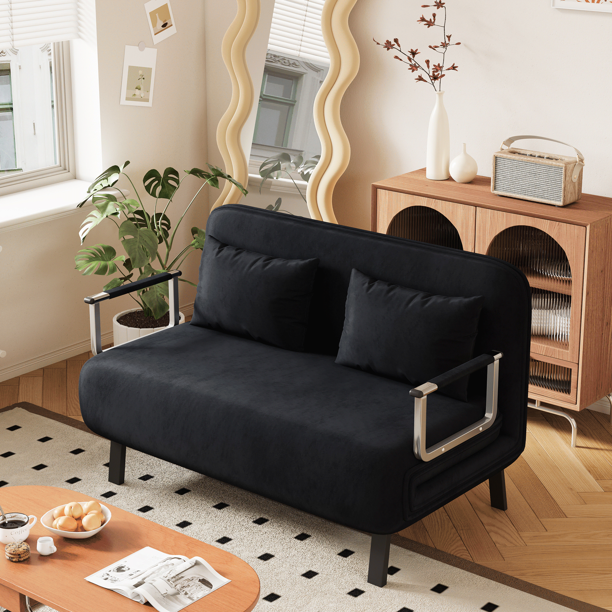 39″ Convertible Chair Bed, Tri-Fold Sofa Bed with Adjustable Backrest & Pillow, Leisure Chaise Lounge Couch with Sturdy Iron Frame for Home & Office, Comfortable Sleeper Chair