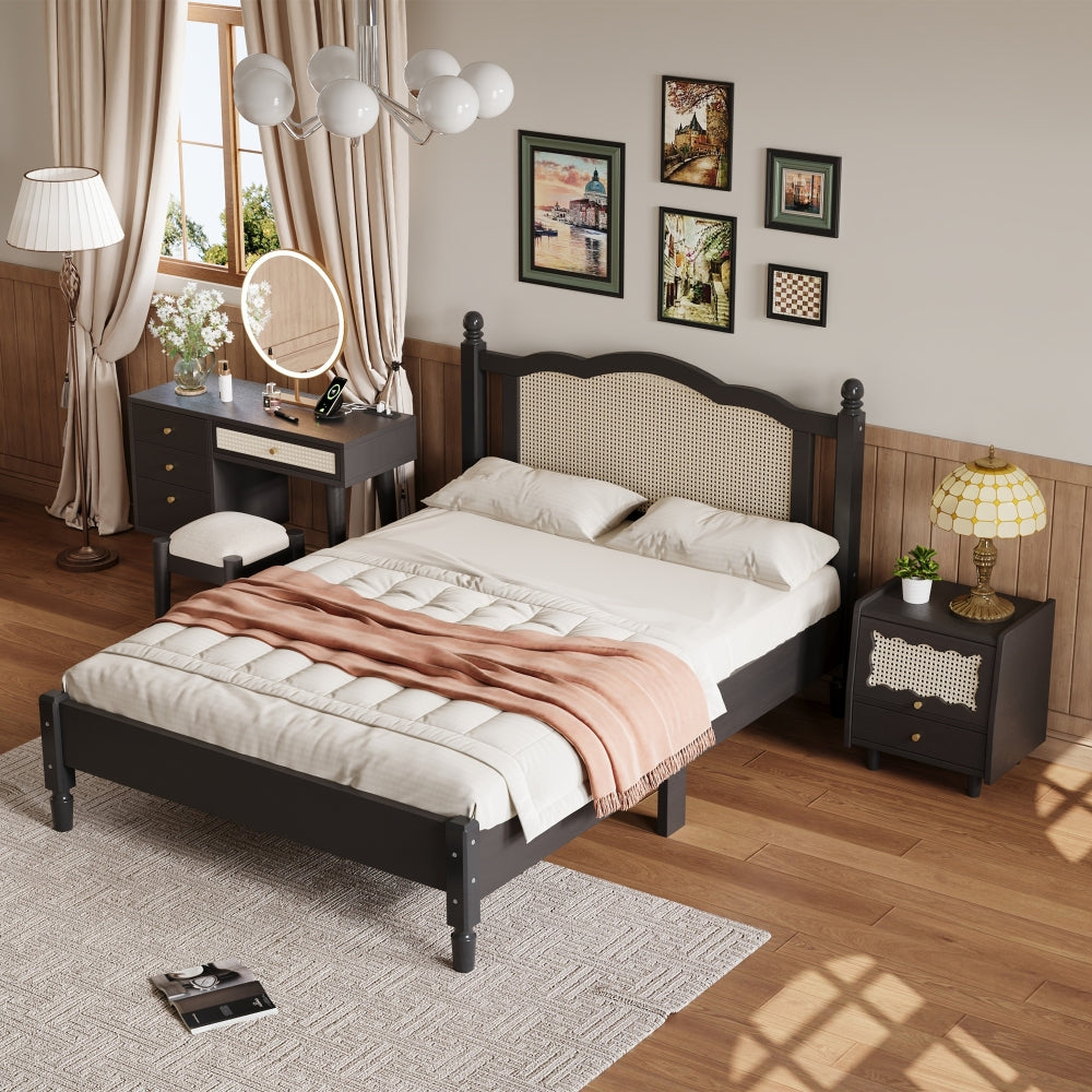 3 Pieces Bedroom Set with Queen Size Wooden Bed Frame, 1 Vintage  Nightstand and 1 Makeup Vanity Set with Stool,Black