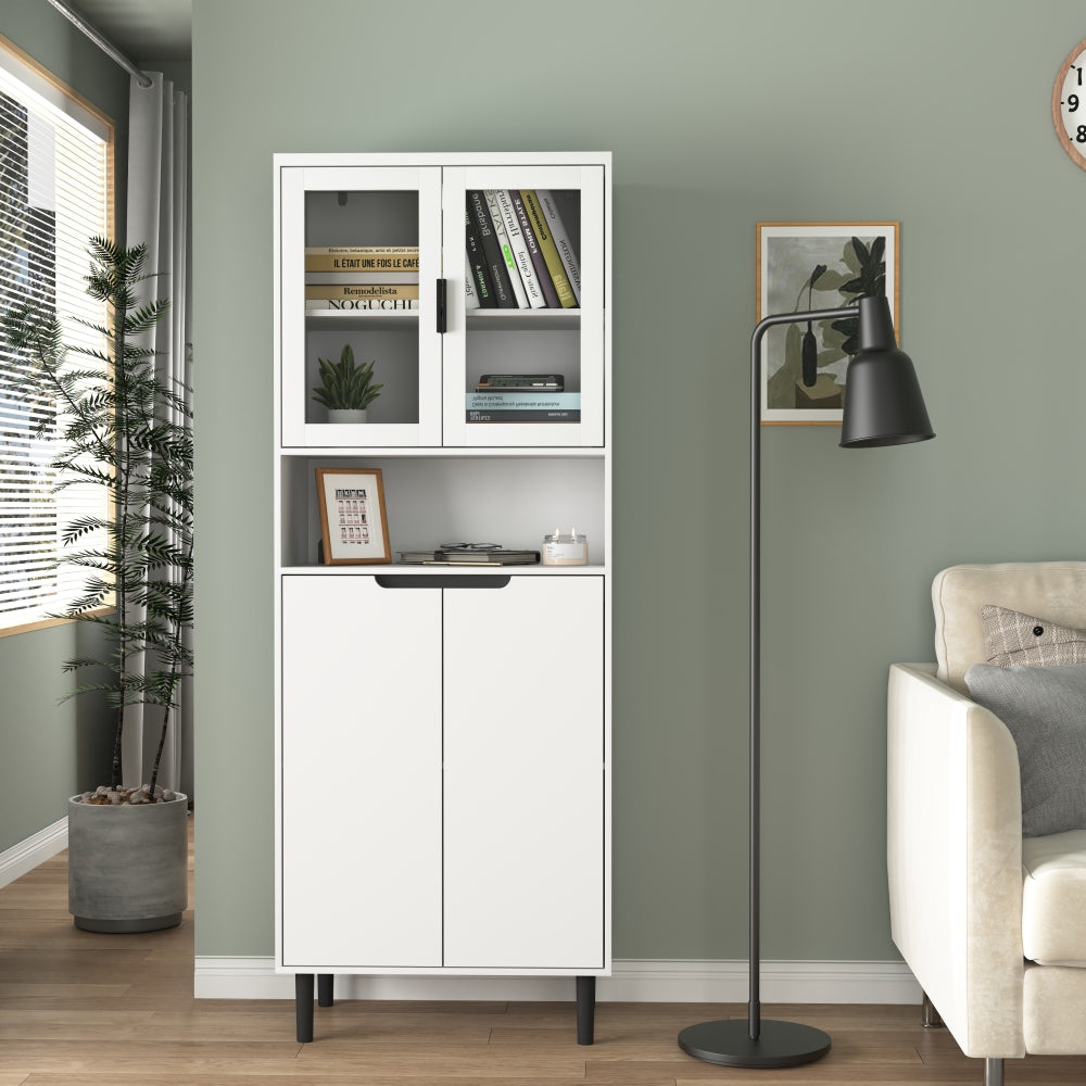 Tempered Glass Door Tall Storage Bookcase with adjustable board, 4 doors MDF painting finished cabinet, Black, Living room Bedroom storage