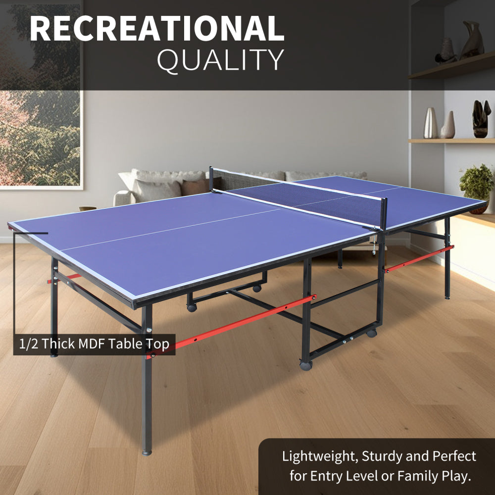 8ft Mid-Size Table Tennis Table Foldable & Portable Ping Pong Table Set for Indoor Games with Net, 2 Table Tennis Paddles and 3 Balls