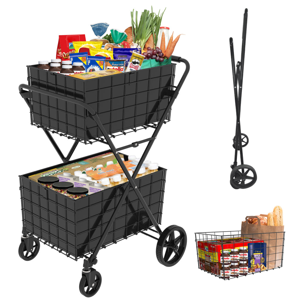 Jumbo Shopping Cart,2 Layers Grocery Cart on Wheels, Foldable Utility Shopping Carts with Double Basket and 360° Rolling Swivel Wheels for Groceries Laundry