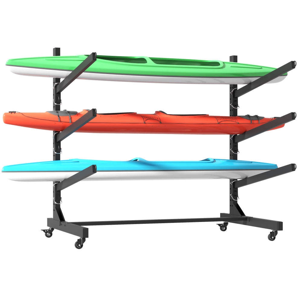 41"H Freestanding Kayak Storage Rack – Holds 3 Kayaks, Heavy-Duty Adjustable Stand with Lockable Wheels for Kayak, Canoe, SUP & Surfboard, 45.87"W*28.94"D*41"H