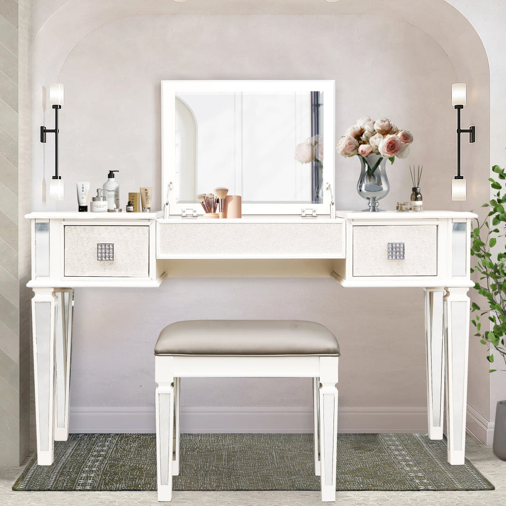 Mirrored Vanities Desk with Drawers, Bedroom Makeup Vanity Table Set with Mirror and Stool, Flip Up Dressing Table for Bedroom/Makeup Room, Working Desk for Women, Girl Furniture Combo