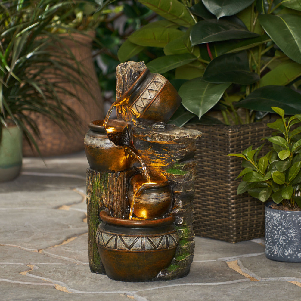 19.75" High Weather Resistant Floor Fountain with Light, 3 Tier Outdoor Fountain, Brown + Gray