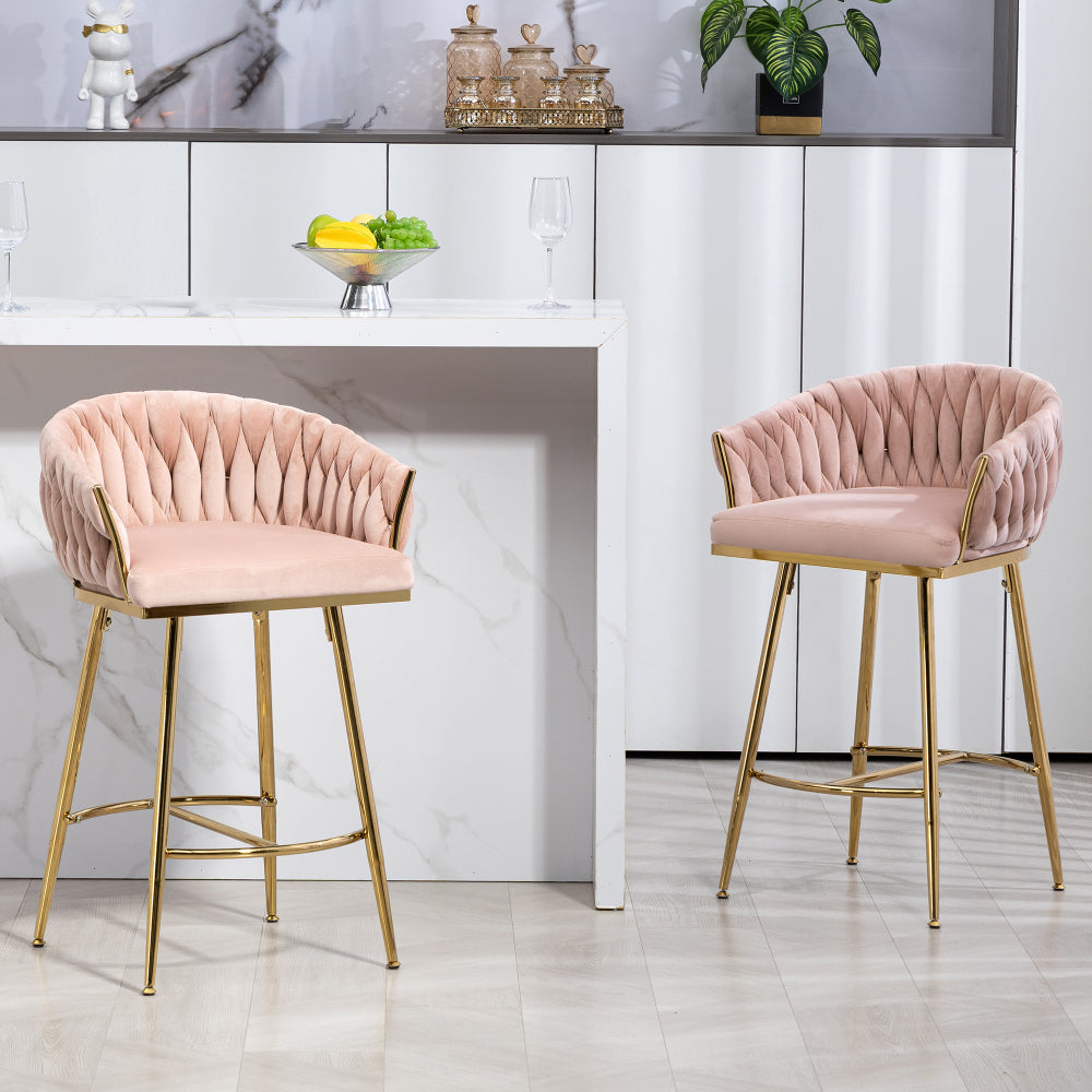 26'' Counter height bar stools velvet kitchen island counter bar stool with hand- wave back,golden chromed base and footrest (BEIGE)