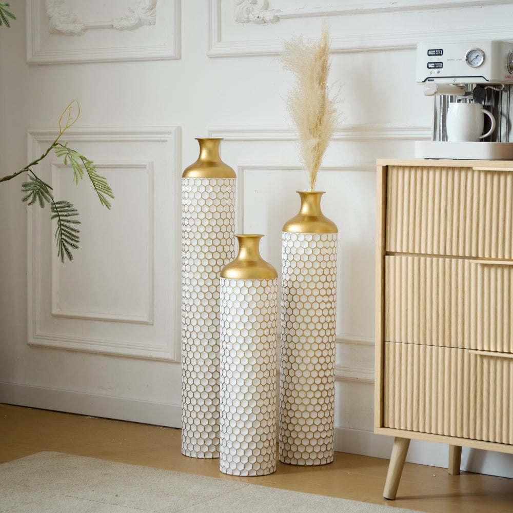 Floor metal vase modern style decoration home droplet shaped white metal vase 3-piece set gorgeous home decoration large glazed metal vase