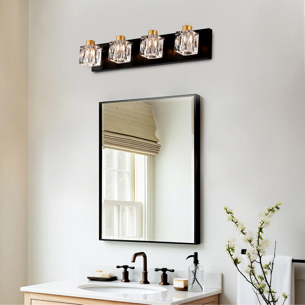 4-Light Matte Black + Gold Bathroom Light Fixtures, Modern Vanity Lights with Crystal Glass Shade, Vintage  Light Fixture Bathroom Over Mirror Wall Lights for Kitchen Dinning Room Bedroom Hallway