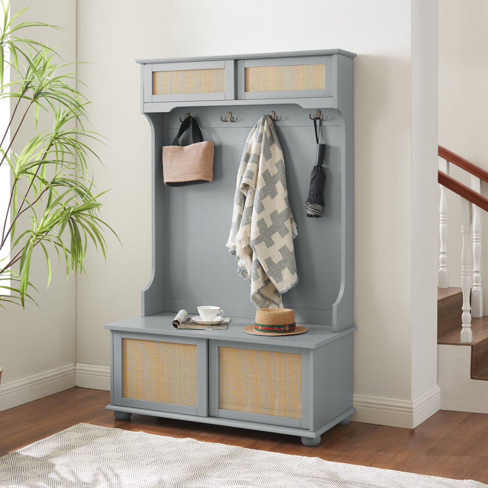 Clothes hanger Hall Tree Storage Bench Shoe Rack for Entryway, Hall Tree with Bench and Shoe Storage, Hall Tree Entryway Bench with Rattan Door Gray, 40.16"W*18.58"D*64.17"H
