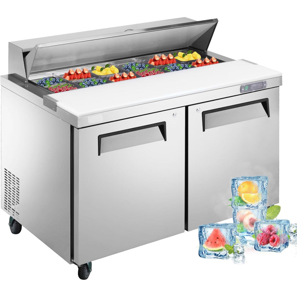 48" W 2 Door Refrigerator Sandwich Salad Prep Table Commercial Stainless Steel Fan Cooling Refrigerator with Cutting Board, 2 Shelves & 12 Pans for Restaurant, Bar, Shop-12.9 Cu.ft