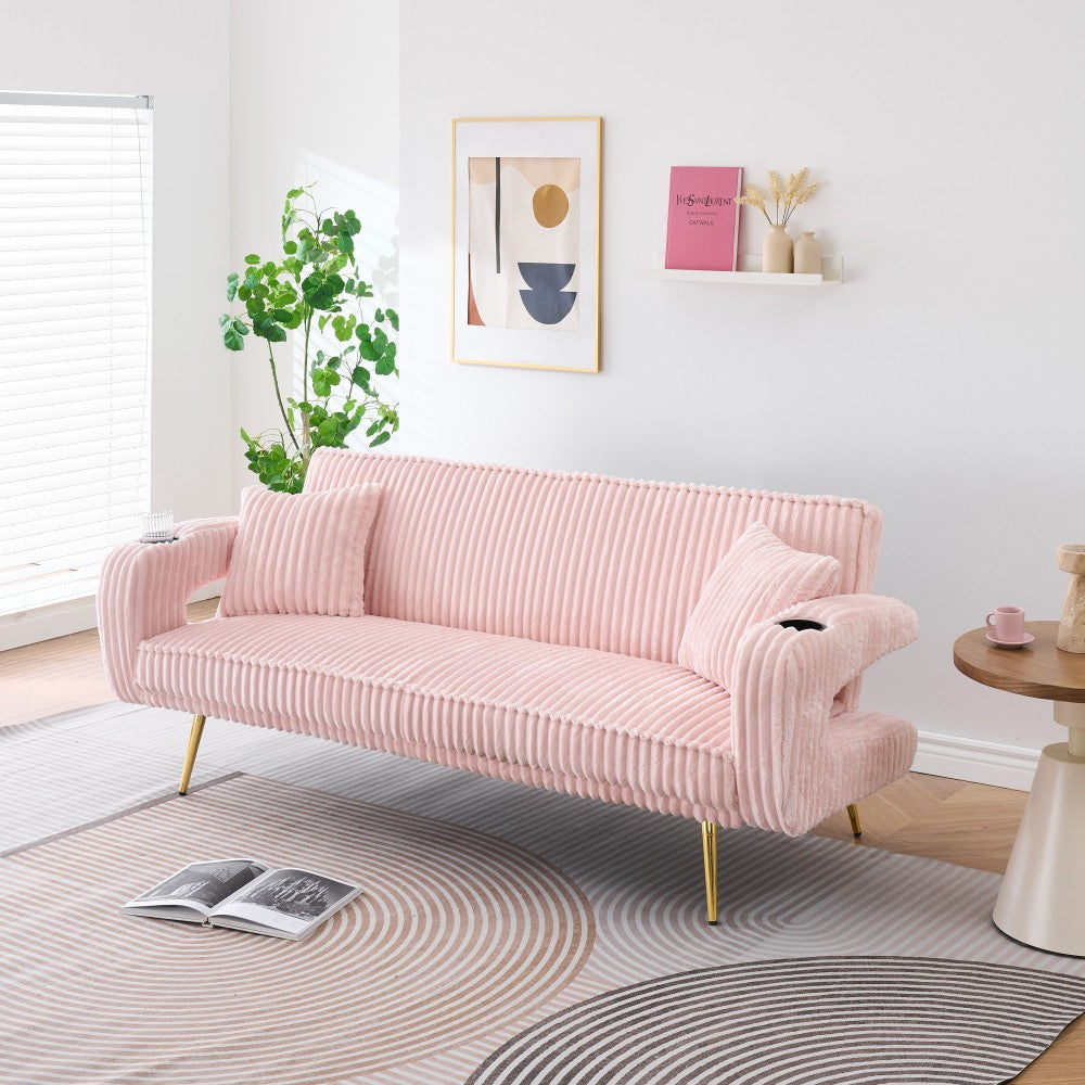The straight-row white corduroy sofa with throw pillows, featuring a minimalist style, is suitable for the living room and study