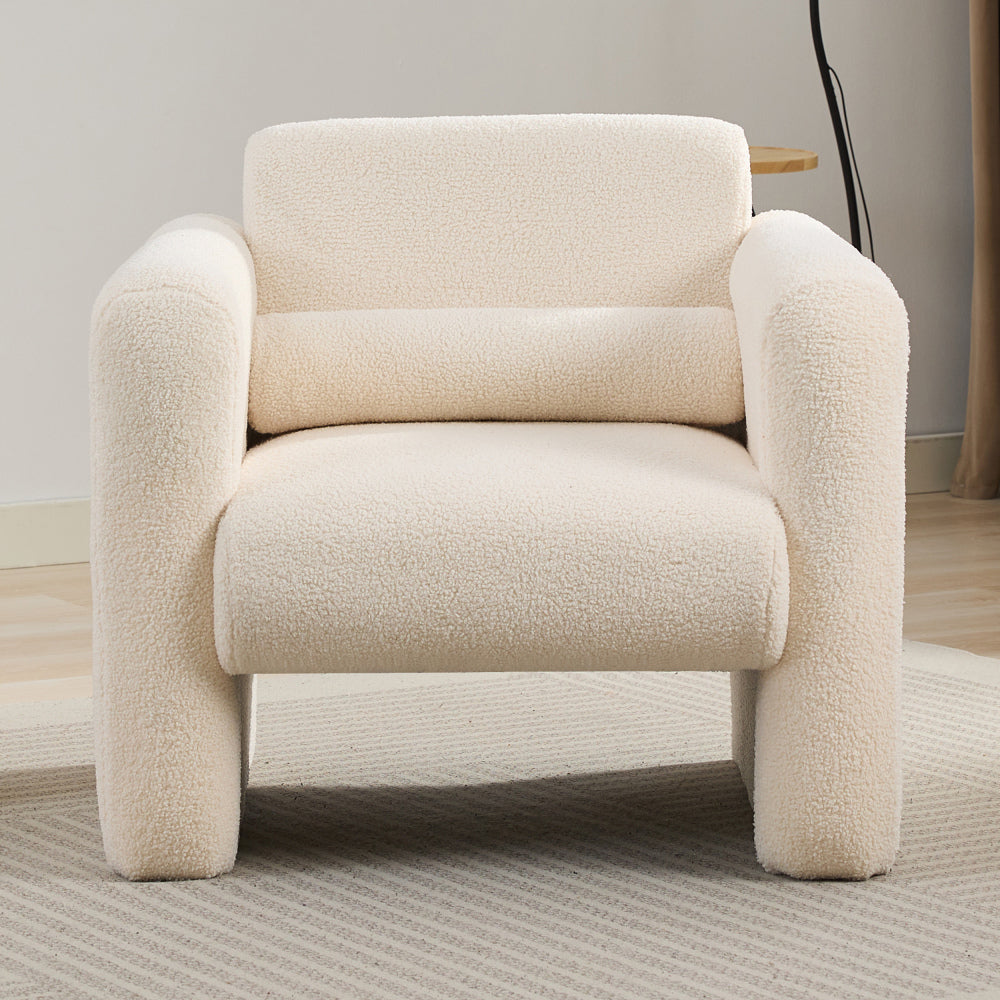 Modern Accent Chair Lambskin Sherpa Fabric Upholstered Comfy Reading Arm Chair Soft Padded Armchair with Back and Pillow for Living Room Bedroom Reception Waiting Room Office, Cream