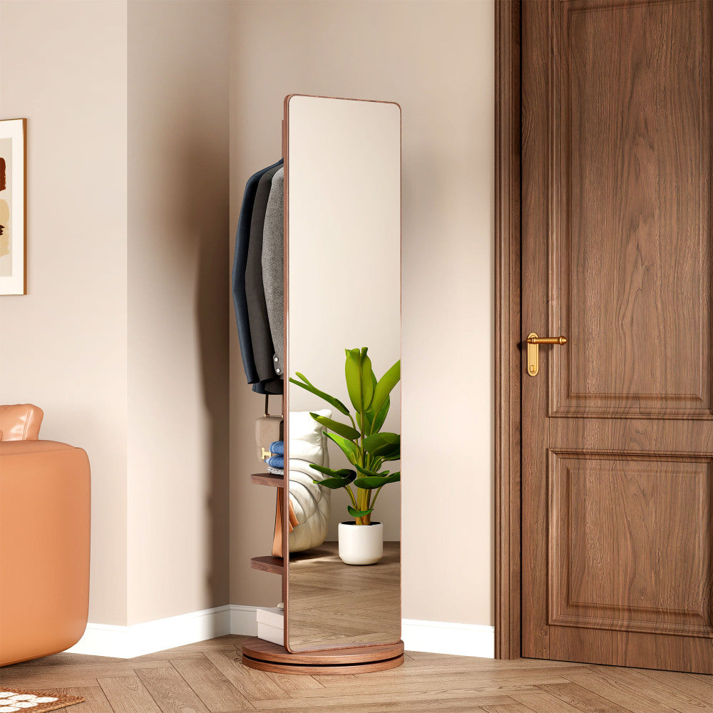 360° Rotating 66"x14" Multifunctional Full Length Mirror with Hook Storage Rack Coat Rack with Mirror Solid Wood Floor Mirror Bedroom Living Room Cloakroom Space Saving (walnut)
