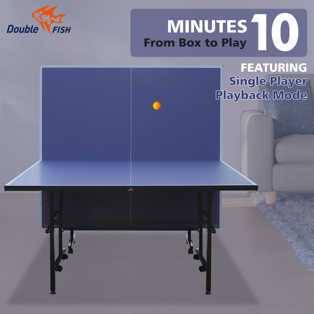 DOUBLE FISH [Folding Table] 9ft Folding Rolling Table Tennis Table2 Paddles, 3 Balls, 1 Net And Post SetBLUE Fold-Up Design, 8 Wheels for Easy Movement