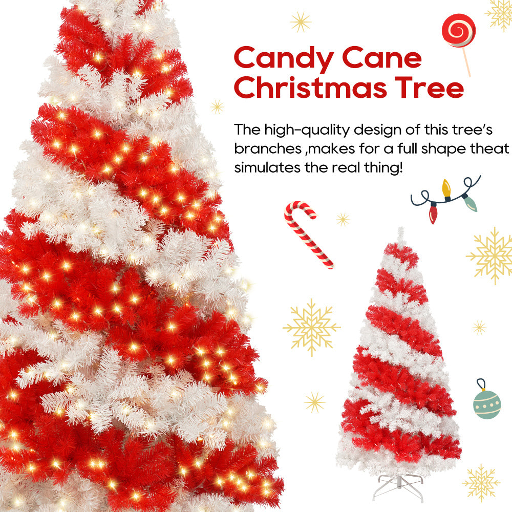 6ft Artificial Christmas Tree with 300 LED Lights and 900 Bendable Branches, Candy Cane Christmas Tree Holiday Decoration, Creative Decorated Trees, Xmas Tree Christmas Decorations