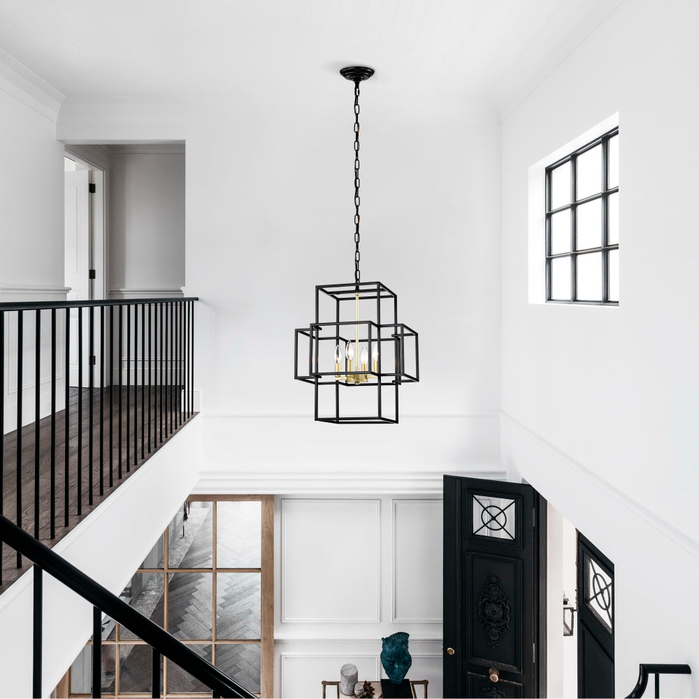 4-Light Metal Lantern Tiered Pendant Hanging Light Fixtures, Industrial Farmhouse Adjustable Height  Chandeliers for Dining Room Hallway Foyer Entryway--Matte Black & Gold (E12 Bulbs Not Included)