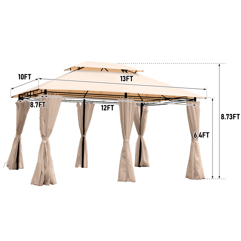 13x10 Outdoor Patio Gazebo Canopy Tent With Ventilated Double Roof And Mosquito net(Detachable Mesh Screen On All Sides),Suitable for Lawn, Garden, Backyard and Deck,KHAKI Top