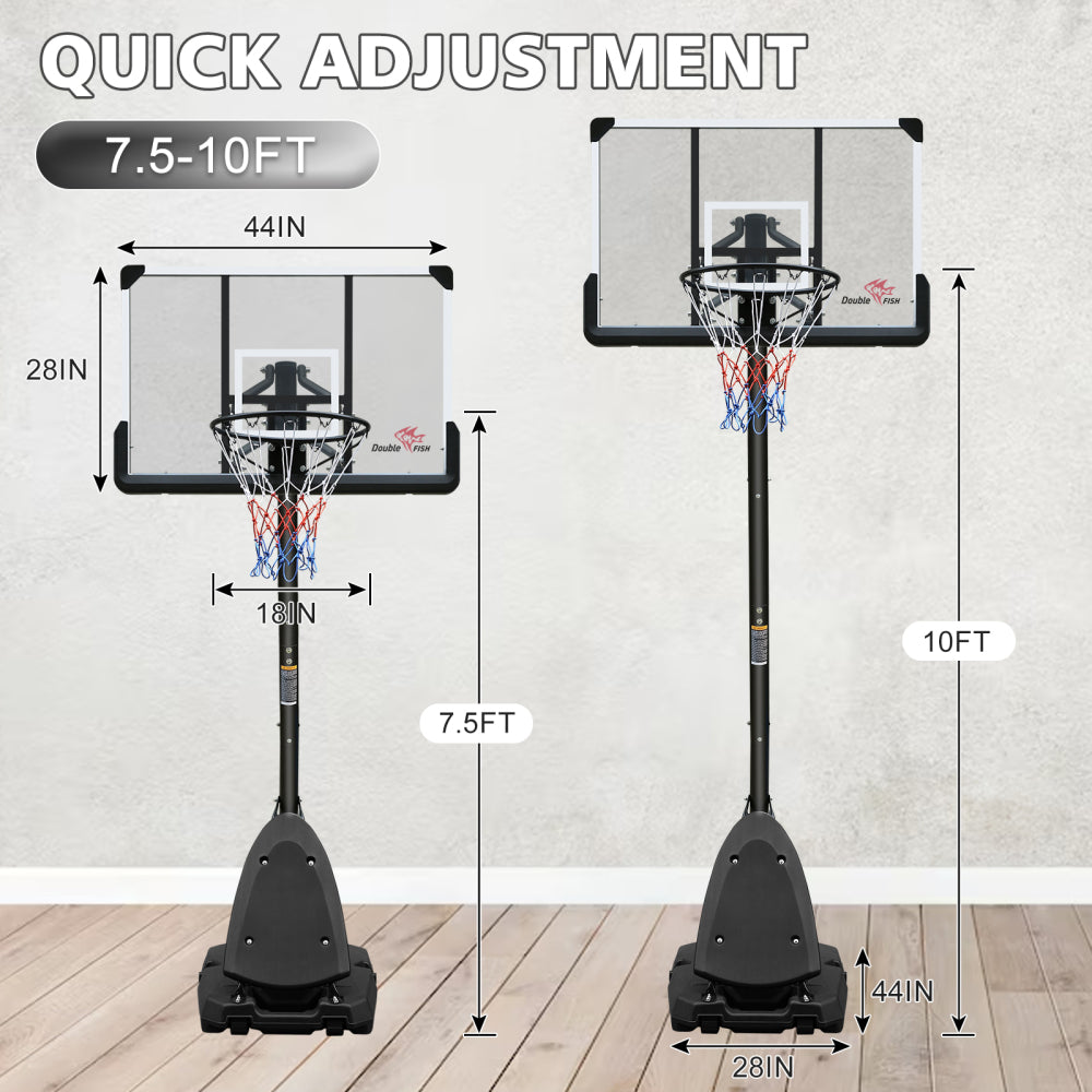 DOUBLE FISHUse for Outdoor Height Adjustable 7.5 to 10ft Basketball Hoop 44 Inch Backboard Portable Basketball Goal System with Stable Base and Wheels