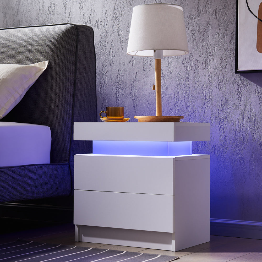 Nightstand LED Bedside Table Cabinet Lights Modern End Side with 2 Drawers for Bedroom (White)