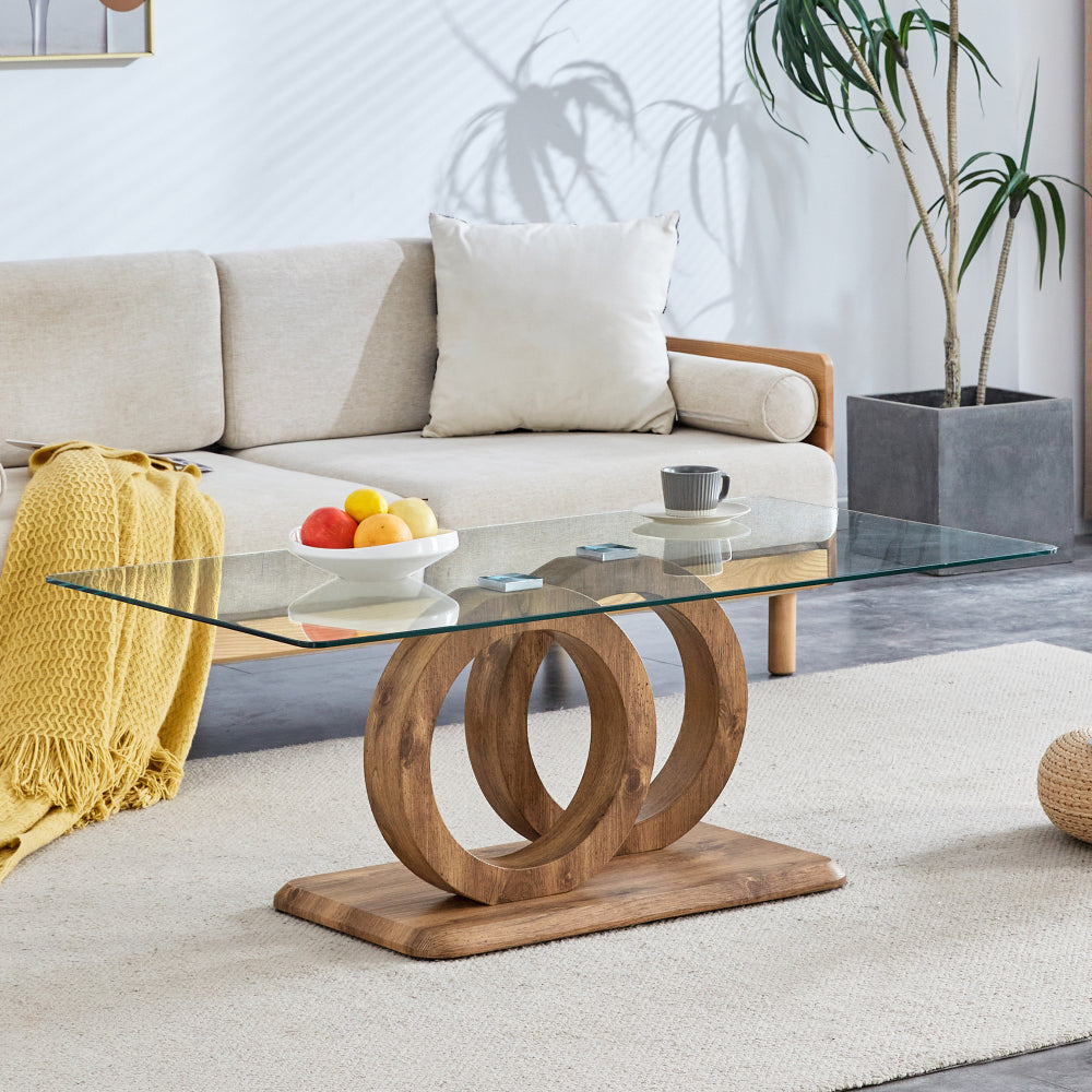 Modern Style Glass Top MDF Coffee Table with Natural Wood Color Base - Suitable for Living Rooms and Lounge Areas, with Product Dimensions of 47.2*25.6*17.8