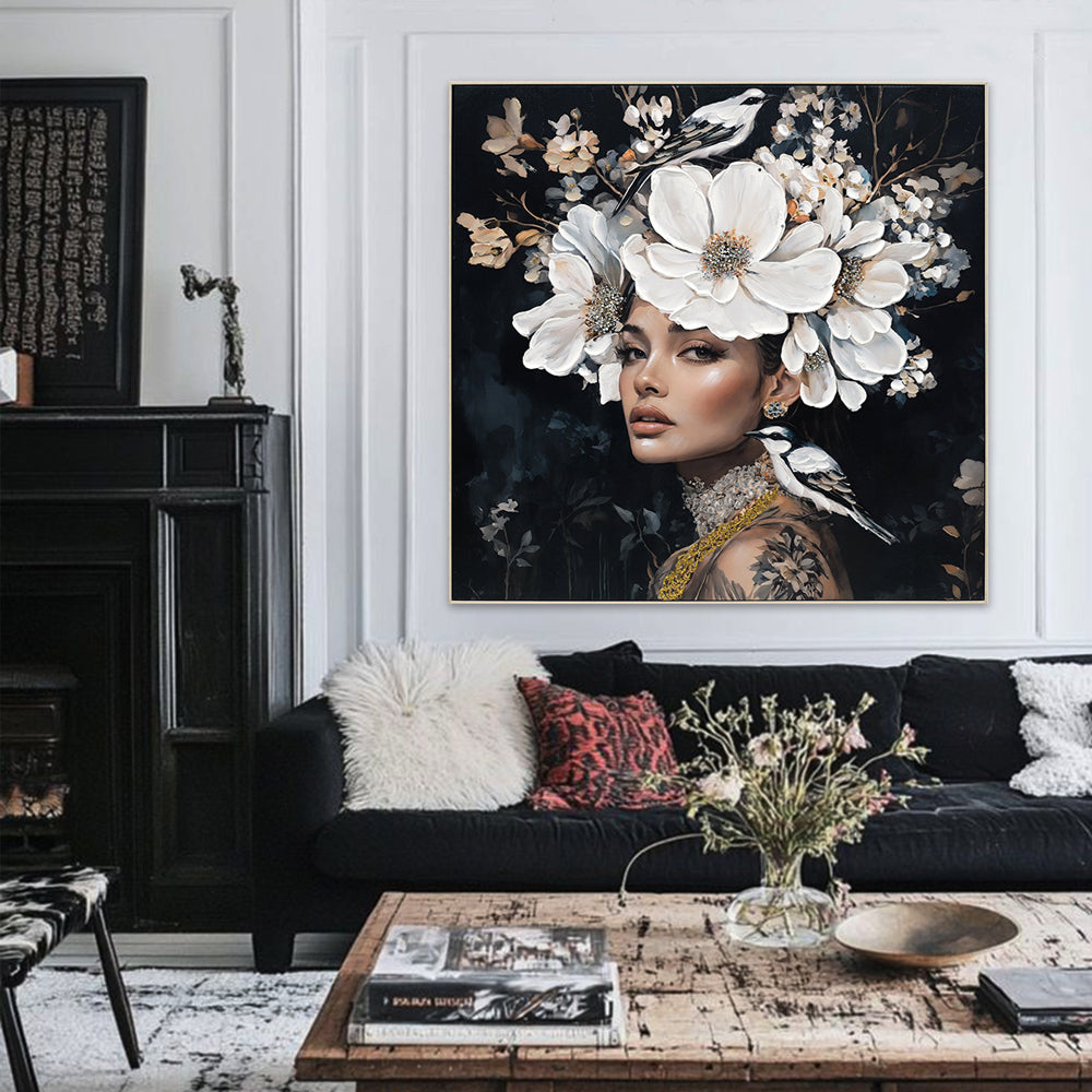 Floral Woman Canvas Wall Art Black and White Bird Tattoo Portrait Modern Aesthetic Artwork for Living Room Bedroom Office Art oil painting decorative picture