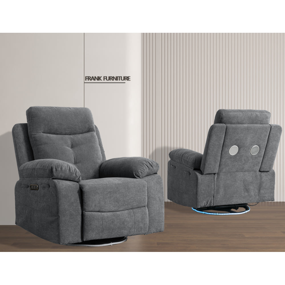 Power Recliner Glider Chair With Bluetooth Speaker 270 Degree Swivel With LED Light Side Arm With Storage Pockets USB+Type C Charging Port Button Control Retractable Footrest Adjustable Backrest DG