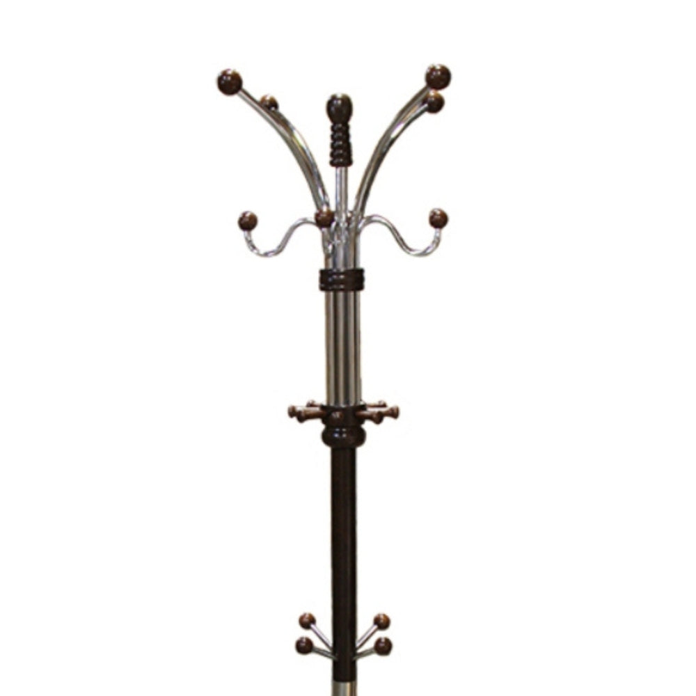 73" Tall Chrome and Wood Coat Rack, Espresso finish