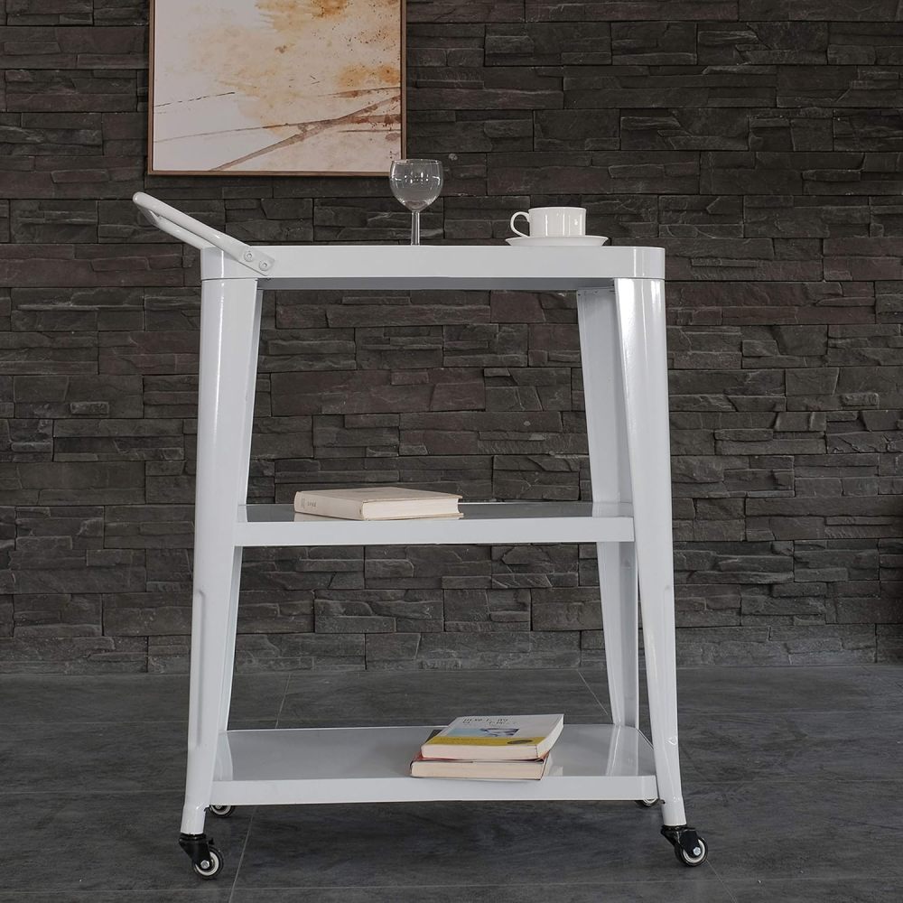 3-Tiered Metal Frame, Industrial Dining Cart with Swivel Wheels, White