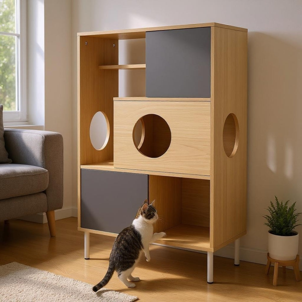 2 IN 1 Modern Cat Tree Bookshelf with Storage, Wood Bookcase with Litter Box Enclosure, Cat Climbing Shelves with Hidden Storage